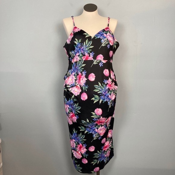 ASOS Maternity Deep Plunge Dark Romantic Floral Bodycon Strappy Midi Dress Sz 14 - Picture 1 of 11
